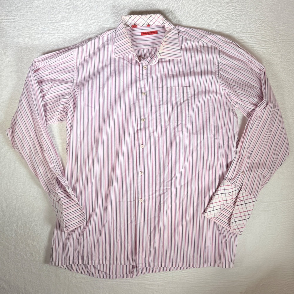 Luchiano Visconti Mens Striped Dress‎ Shirt Pink Blue Long Sleeve Italian 3XL